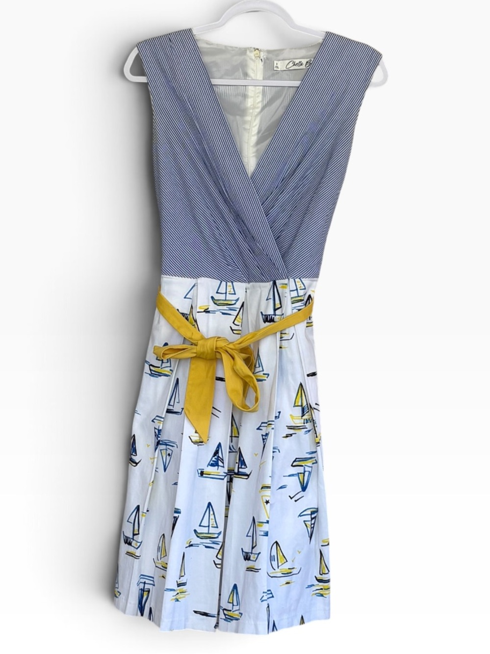 Chetta B Flare Fit Sailboats Print Dress With Pockets Sleeveless Size 8